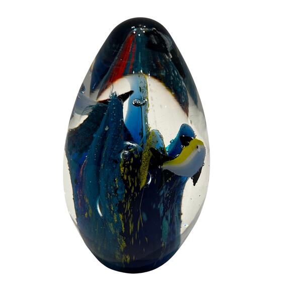Art Glass Egg Shaped Underwater Fish and Coral Blues Glass Paperweight  3.5" - Picture 3 of 4